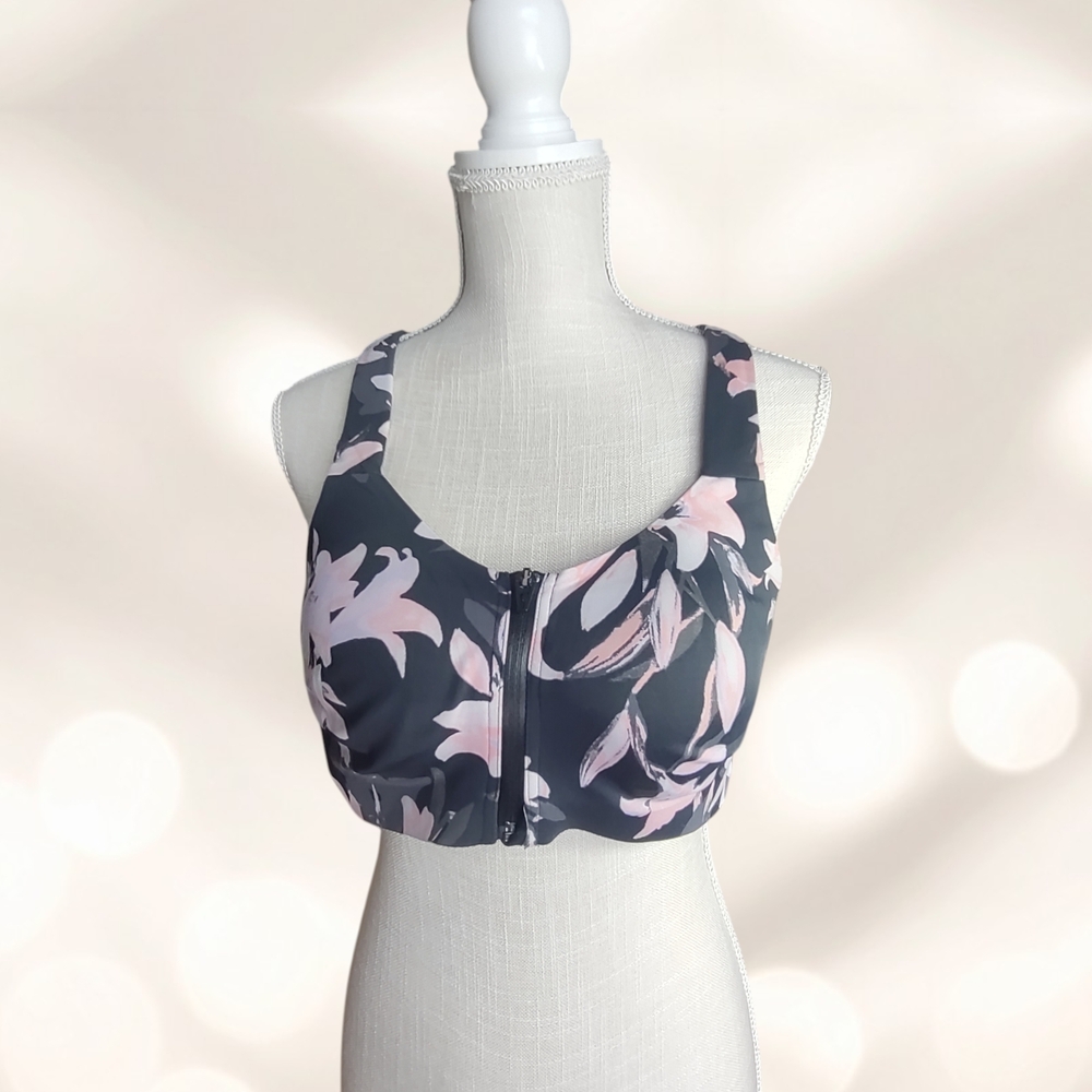 Avia Floral Front-Zip Sports Bra in Charcoal and Light Pink